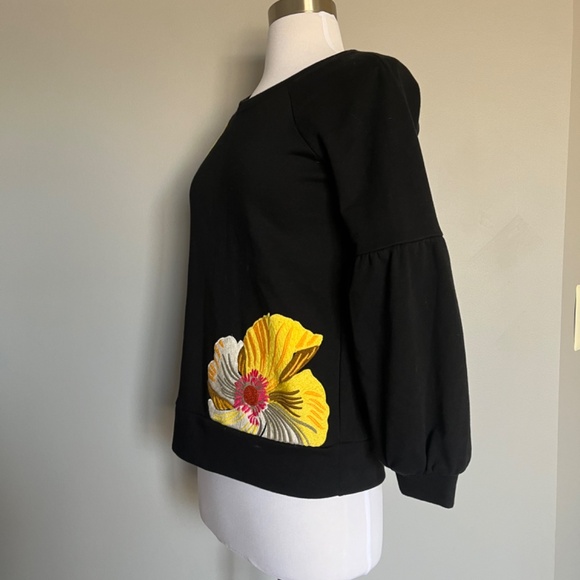 KAREN MILLEN Floral Embroidered Black Casual Cotton Balloo Sleeve Sweatshirt Top - Picture 10 of 16